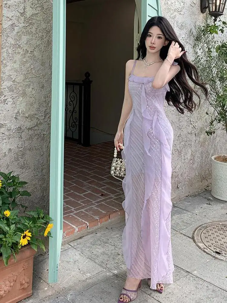 

Vintage Women's Purple Sequin Elegant Sleeveless Slim Slip Long Dress Summer Sexy Backless Ruffles Vacation Party Evening Dress