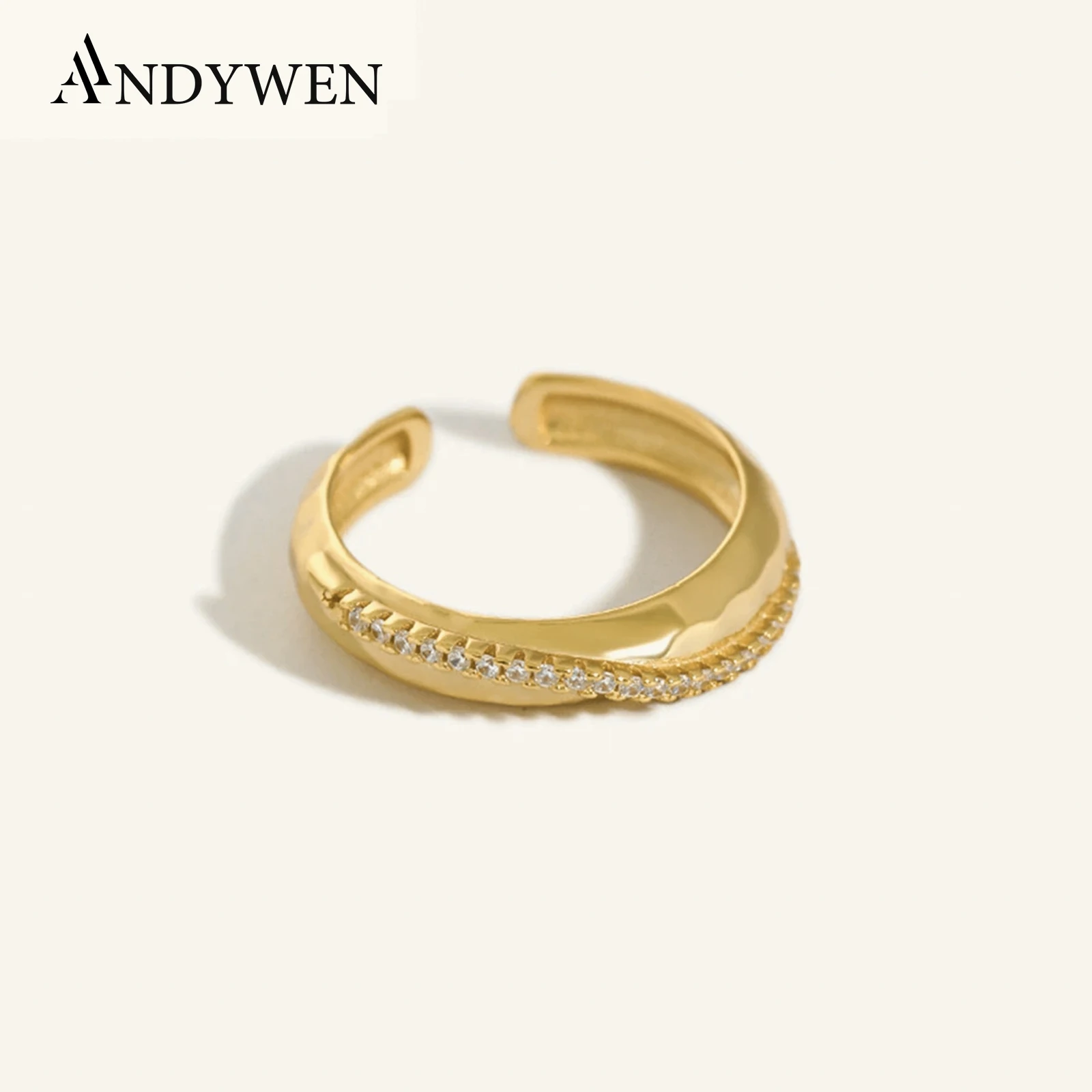 

Andywen 925 Sterling Silver Gold Twist Zircon CZ Ring Resizable Adjutsable Rings Women Fashion Fine Jewelry Wedding Jewels