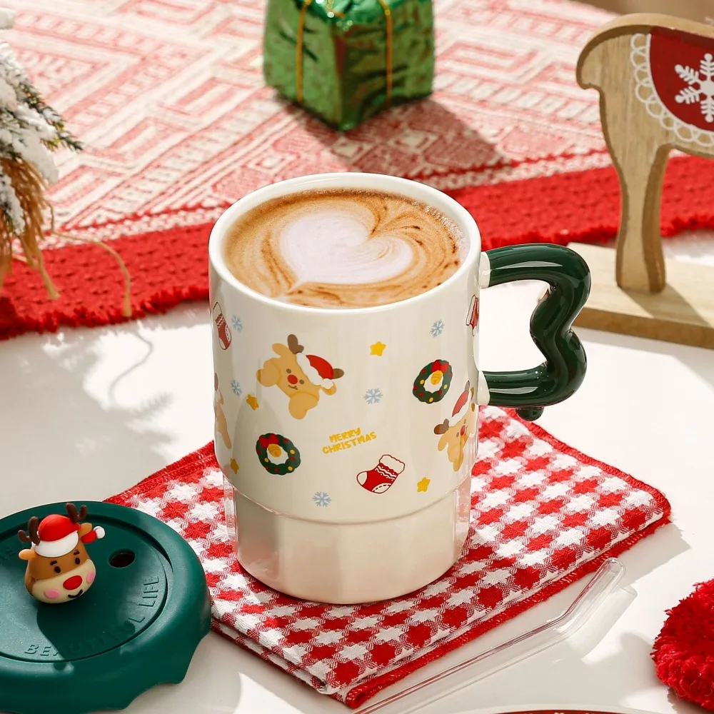 كوب هدية عيد الميلاد اللطيف مع غطاء، ملعقة، مستوى مظهر عالي، كوب سيراميك الرنة سانتا كلوز كهدية