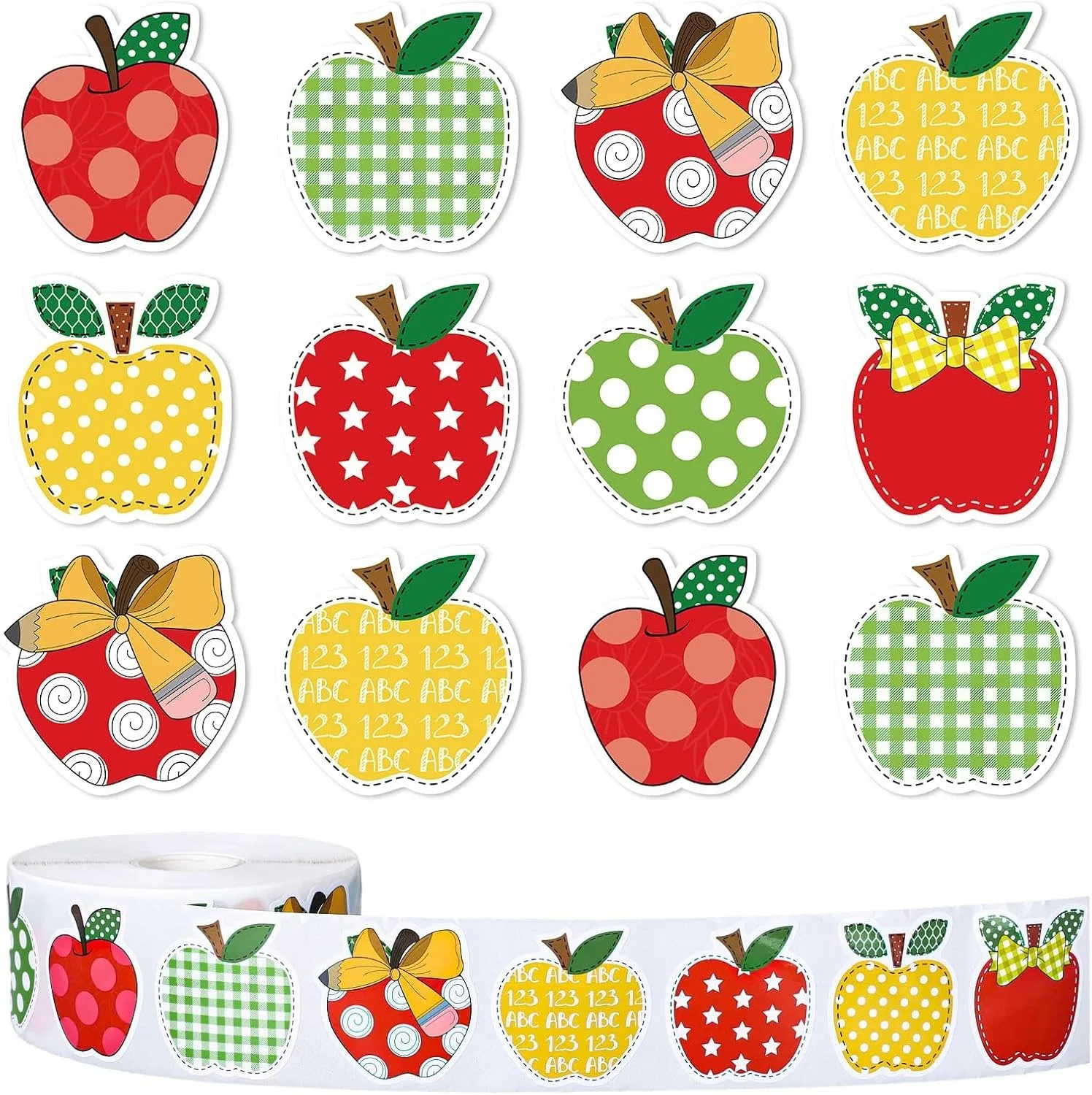 500Pcs Back to School Stickers Roll Apples Shape Paper Decals 8 Designs Assorted Patterns Self-Adhesive Decorative Stickers