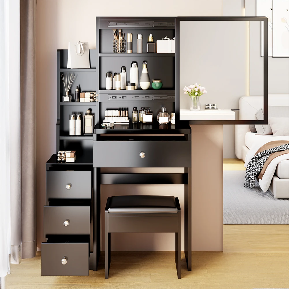 Vanity Desk With Cushioned Dressing Stool, Extra Large Sliding Mirror, Various Drawers,Open Shelves, Modern Makeup Table