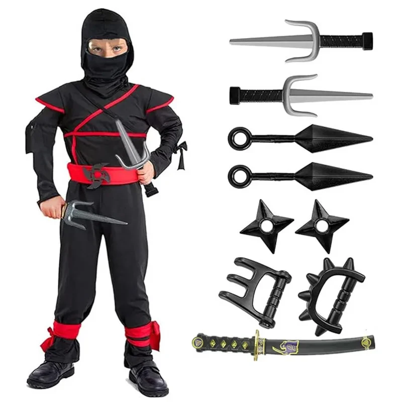 

☎UWAWA Children's Ninja Costume, Deluxe Muscle Ninja Suit, Unisex Black Warrior Halloween Costume with Toy Accessories, Party O☎