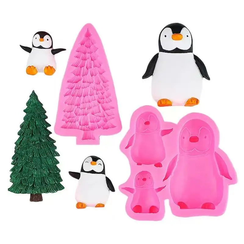

3-hole Penguin Tree Whale Silicone Molds Fondant Chocolate Mould Penguin Family of Three Epoxy Resin Molds Cake Decoration