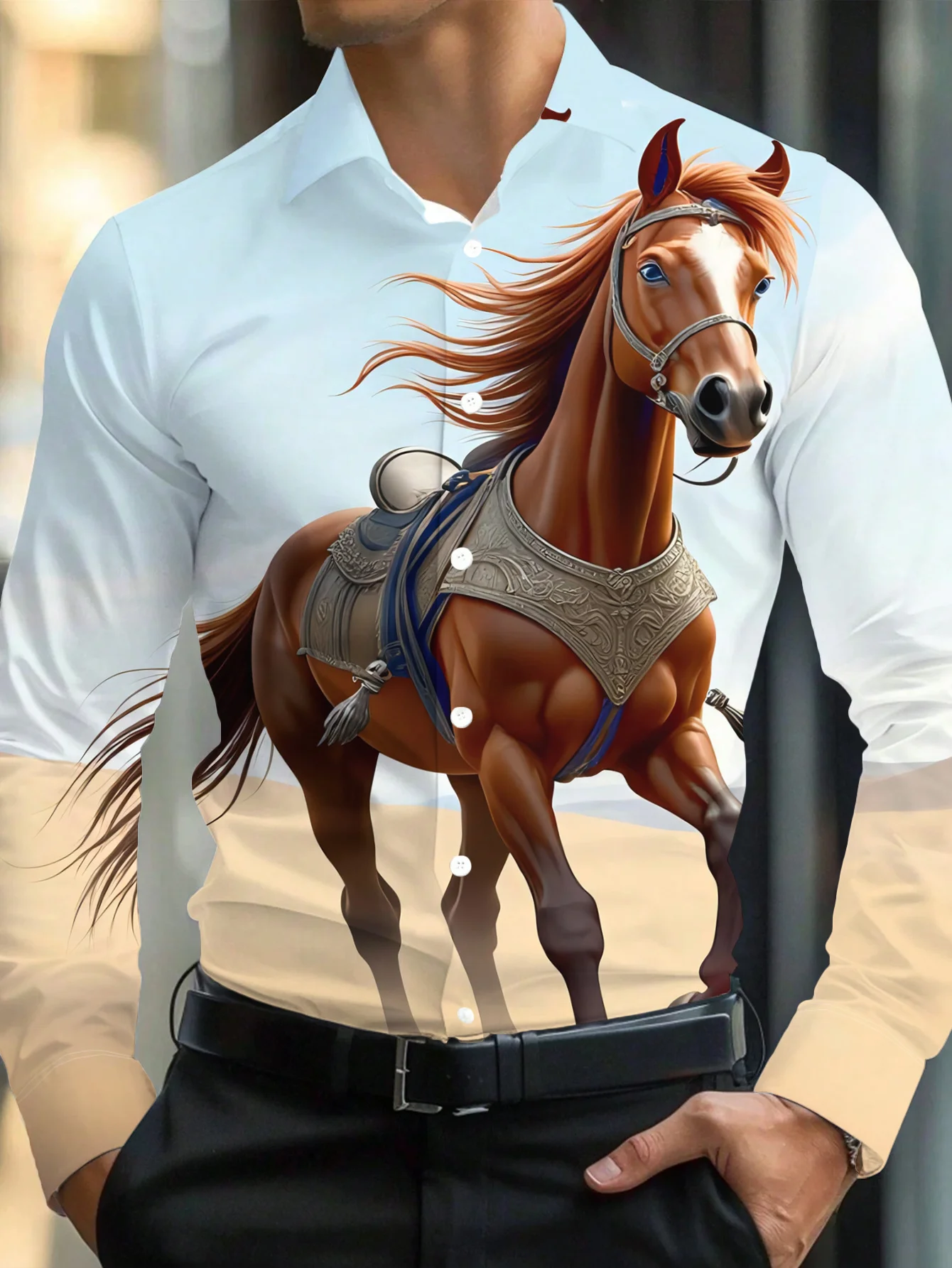 Men Long-Sleeve Button-Down Shirt 3D Western Horse Print Polyester Lapel Collar Casual Party Top