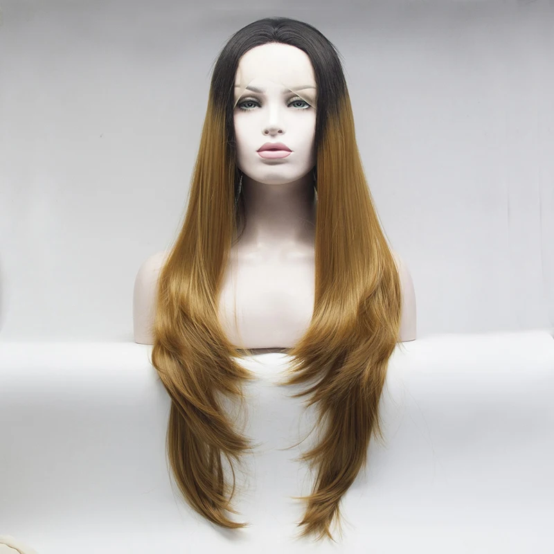 

Ombre BLonde Long Silk Straight Lace Front Wig 26Inch 180%Density For Women With Baby Hair Glueless Synthetic Preplucked Daily