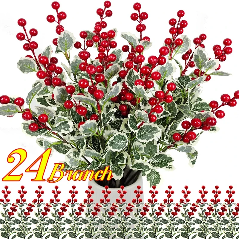 24/1pcs Red Berry Flowers Branch Articifial Fake Holly Leaves Christmas Berries Stems DIY Wreath Bouquet Home Indoor Ornaments