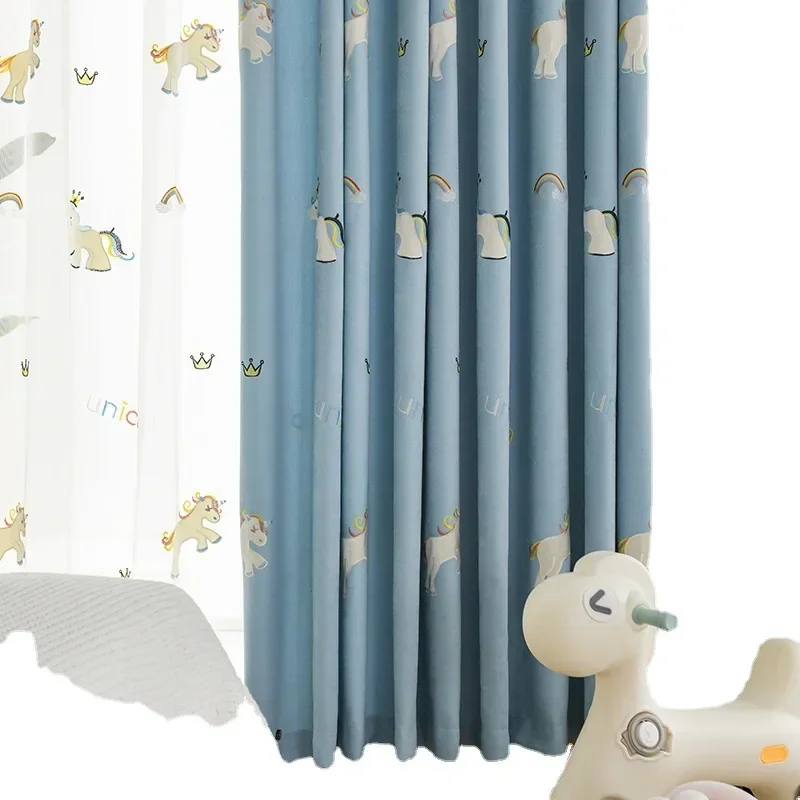 

Cartoon Children's Room Bedroom Curtains Unicorn Korean Drapes in Living Room Embroidered Tulle Blackout