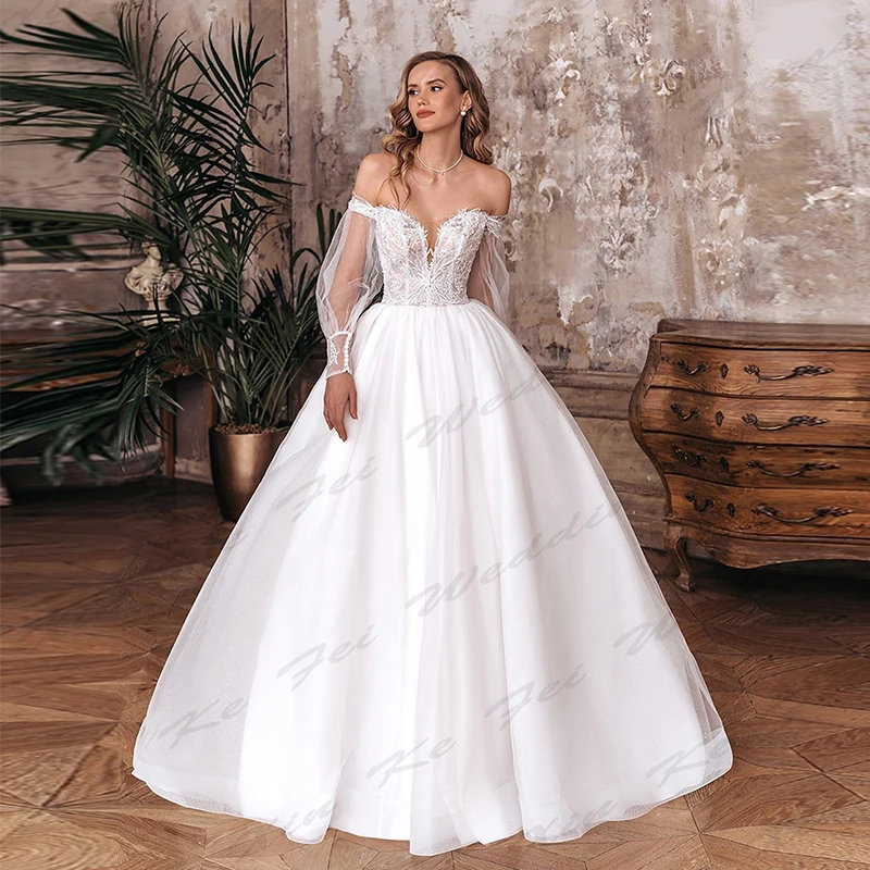 Gorgeous Satin New Wedding Dresses For Women Sexy Backless Off Shoulder Long Sleeves Fluffy Princess Style Mopping Bride Gowns