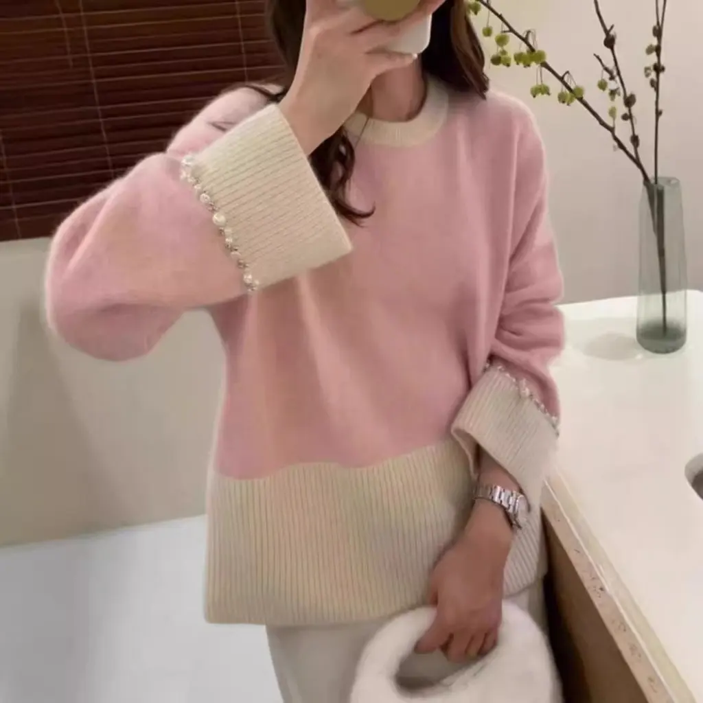 

Women's Raccoon Velvet Knitwear Color-Blocked Beaded Design Heavy Industry Style Loose Fit Autumn Winter Large Size Cardigan