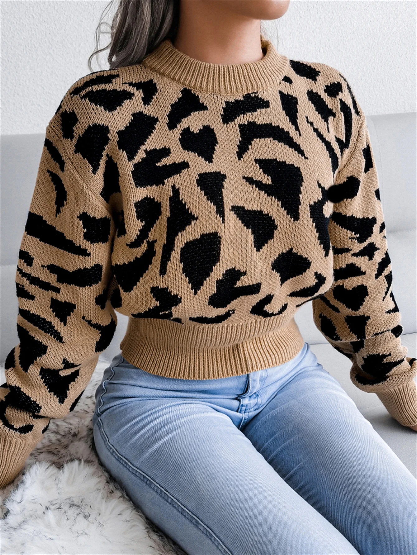 Autumn Winter Round Neck Fashion Leopard Pattern Waist Collection Short Knitted Pullover For Women Sweater Long Sleeve Top