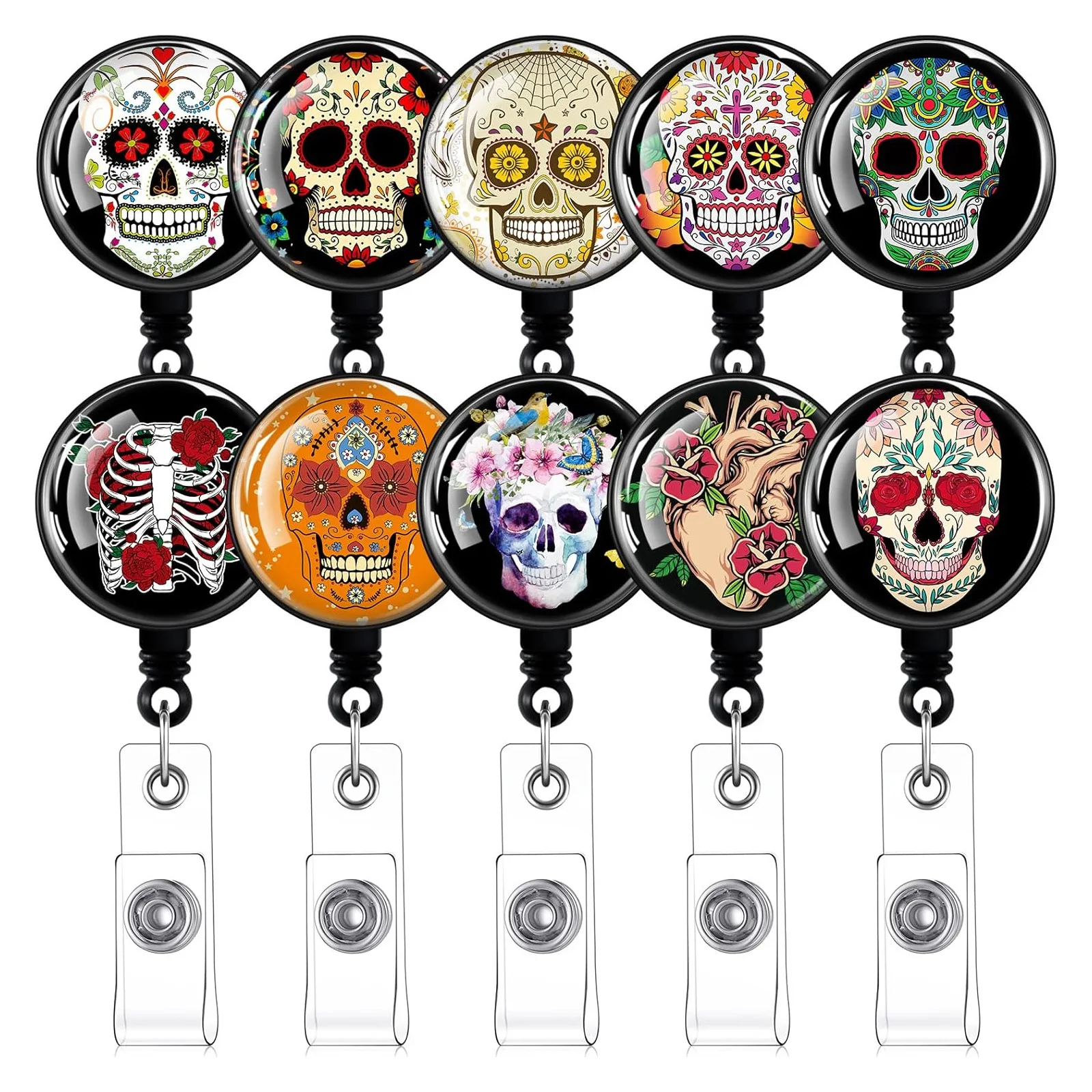 Halloween-Schädel-Abzeichenhalter, Clips, einziehbarer Schlüsselanhänger, mexikanischer Tag der Toten, Ausweisrolle, Schlüsselanhänger für Arzt, Krankenschwester