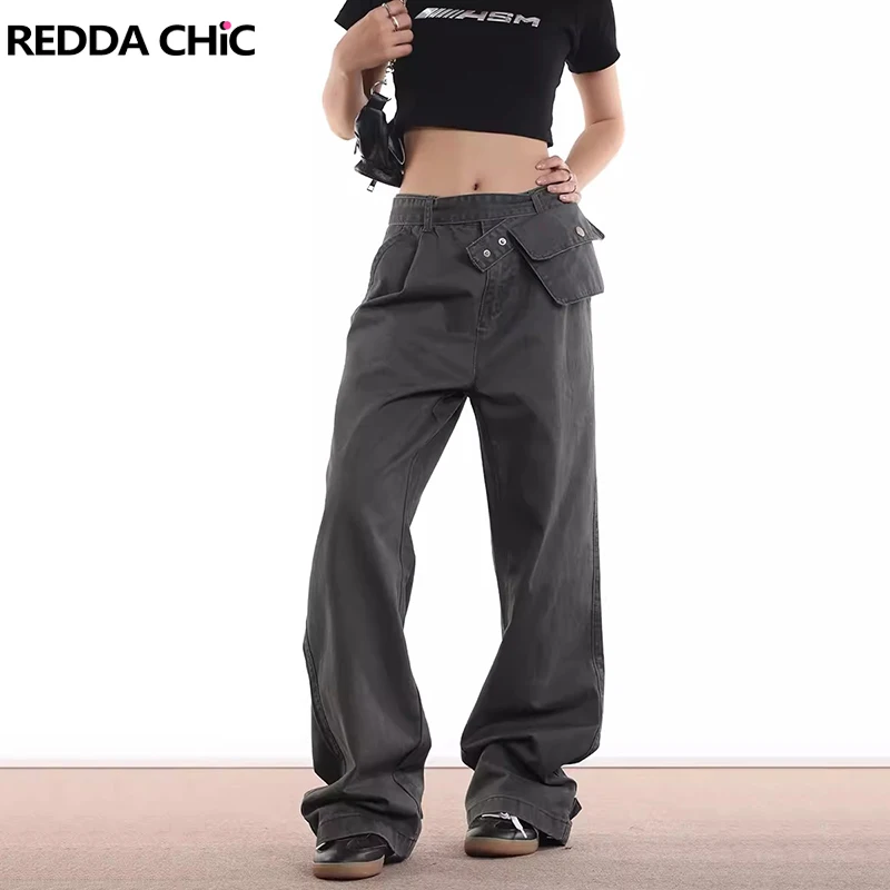 

REDDACHiC Belted Cargo Pockets Baggy Jeans Women Detachable Waist Pouch Gray Solid Pintuck Casual Wide Pants 90s Retro Work Wear