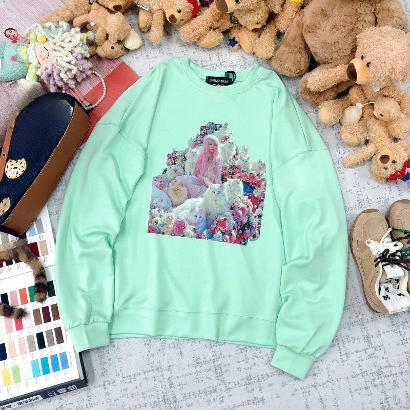 Korean Fashion Hoodies Loose Characters Cartoon Cat Nail Diamond Printing Age Reduction Versatile Long-sleeved Sweatshirts Women