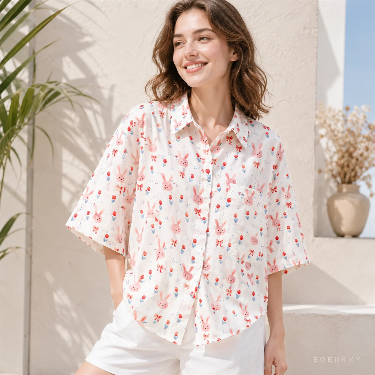 EOENKKY Women Kawaii Bunny Print Button Down Shirt Cute Short Sleeve Oversized Collared Blouse with Pocket Summer Top