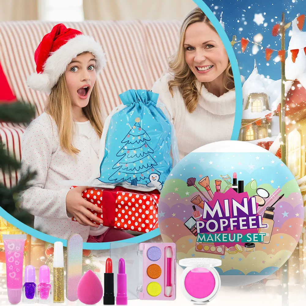 مجموعة كرات صغيرة للمكياج من POPFEEL Christmas Surprise - مجموعة مكونة من 10 قطع مع أحمر شفاه صغير وظلال عيون وطلاء أظافر - هدية مثالية