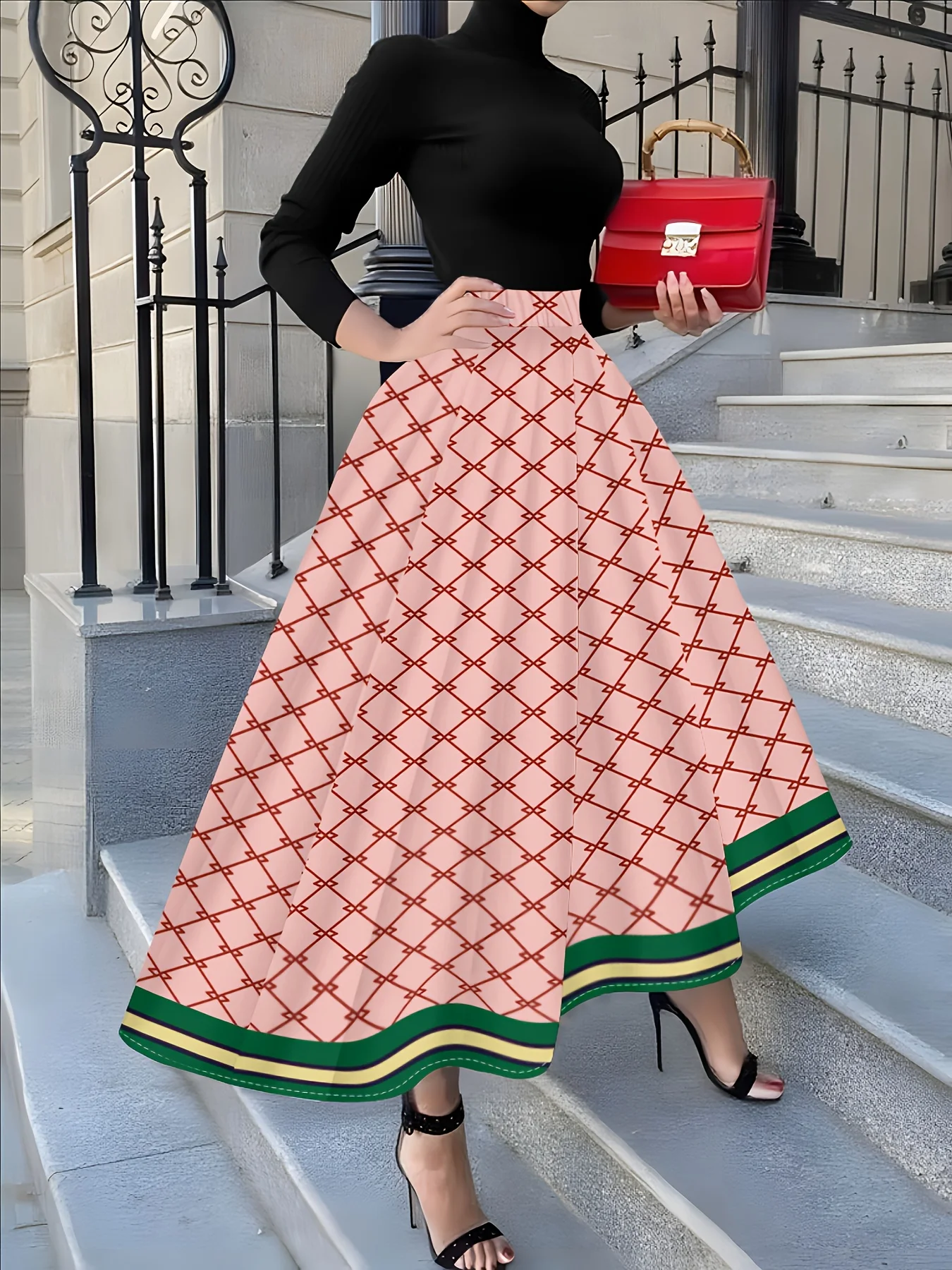 Vintage Karierter Midi-Rock für Damen Eleganter Hochgeschnittener A-Linien Plissierter Modischer Rock Frühling Sommer Lässige Bürokleidung