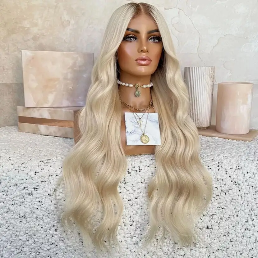 Pre Plucked Long Wavy Lace Frontal Wig Bleach blonde Women Synthetic Hair