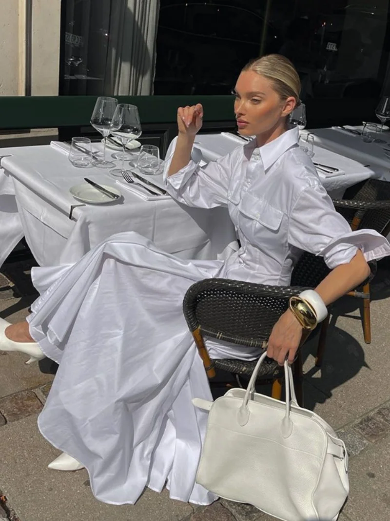 

Элегантное белое платье-рубашка для женщин, весна 2026, с отложным воротником, длинными рукавами, приталенное, в стиле OL, для офиса и повседневной носки, Robe Femme