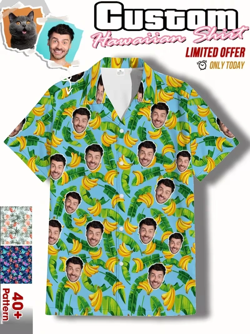

Vintage Luxury Custom Face Hawaiian Shirt Tropical Hibiscus Floral Print Personalized Diy Photo Aloha Shirts For Men Clothing