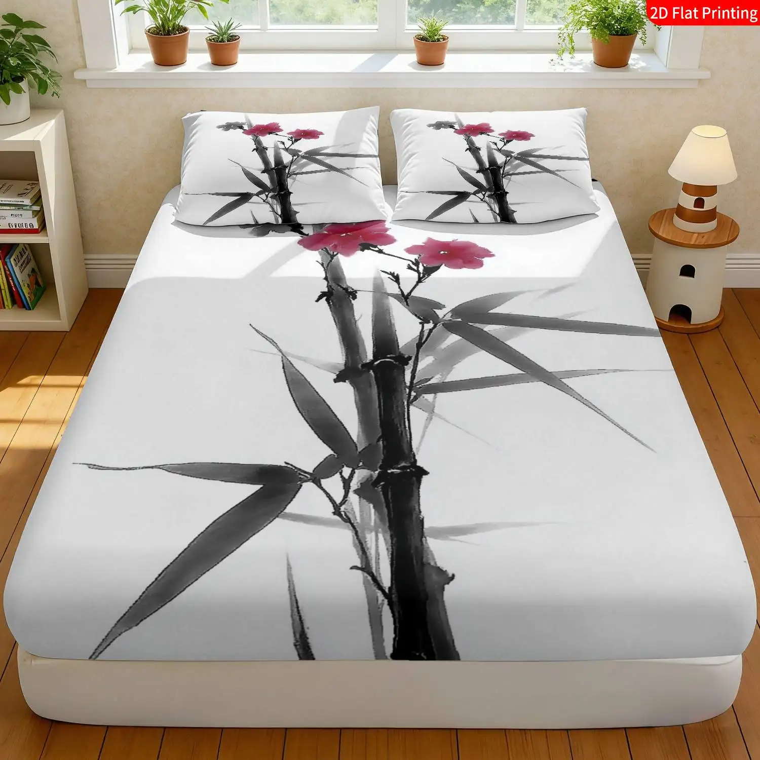 3-Piece Mattress Protector Set, 2D Flat Printed Fitted Sheet, Oriental Style Bamboo and Chinese Ink Painting Fitted Sheet Set, Korean Style Fitted Sheet and Pillowcase, Home Bedroom Decoration, Holiday-Themed Fitted Sheet and Pillowcase, Mattress Protector, Stain-Resistant, Mattress Cover, Suitable for All Seasons, Machine Washable, Easy to Care For, Universal for Home Bedroom, Essential for Dormitories and Rentals, Master Bedroom and Guest Room Decoration, Dust-Proof and Stain-Resistant, High Elasticity, Fits Various Sizes