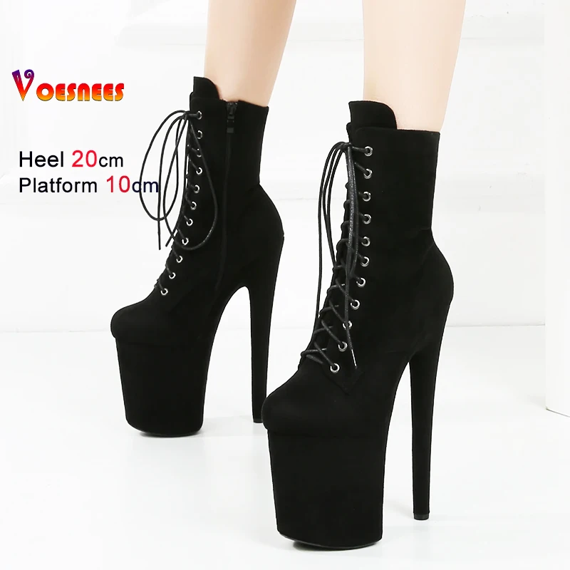 Black Suede Platform Pole Dance Boots 15cm 17cm 20cm Heels Round Head Lace-up Zip Ankle Boots Design for Sexy Occasions Stripper