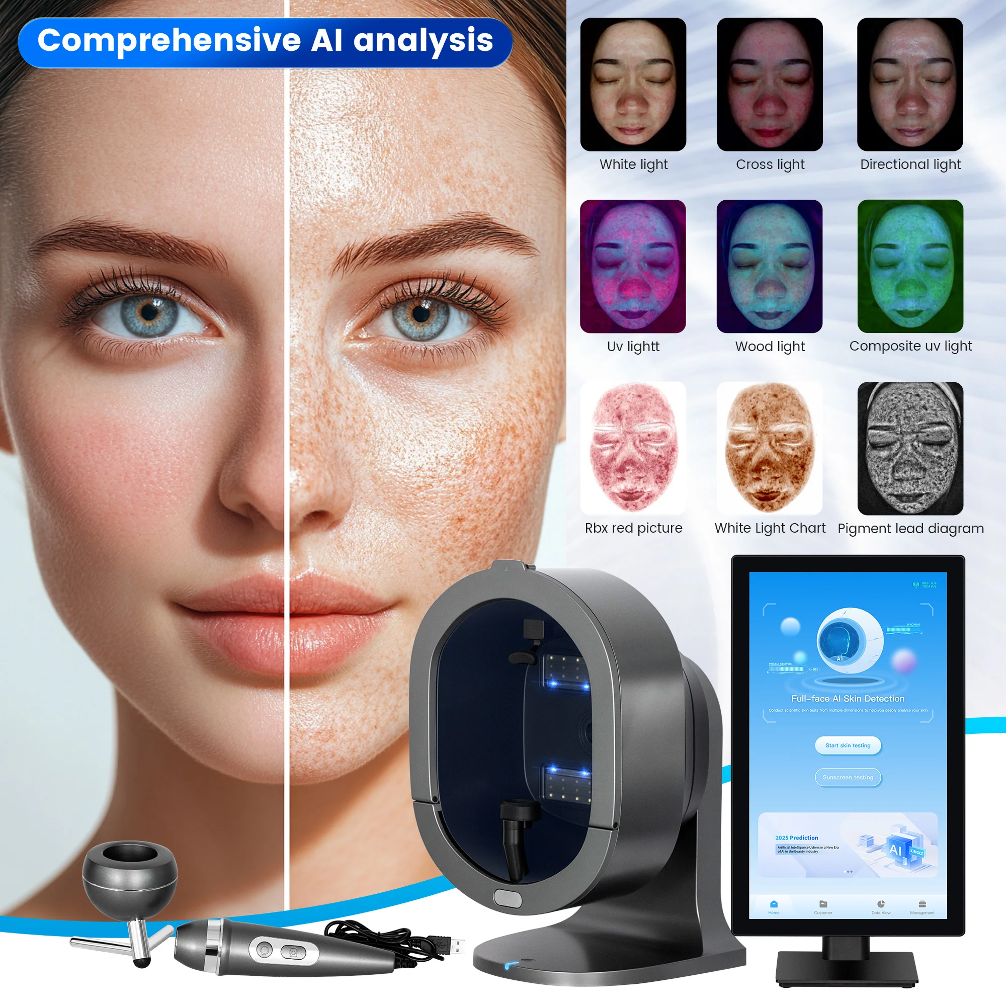 3d scanner de pele cuidados analisador facial monitor máquina espelho mágico portátil teste inglês detector rosto câmera análise teste