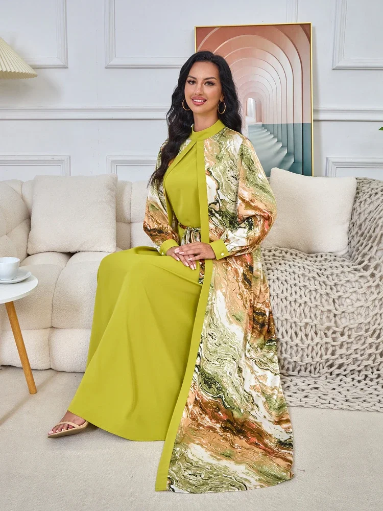 Moroccan Caftan for Women Muslim Suit Ramadan 2 Piece Set Dress Dubai Arabic Long Robe Abayas Kaftan Islam Print Vestidos