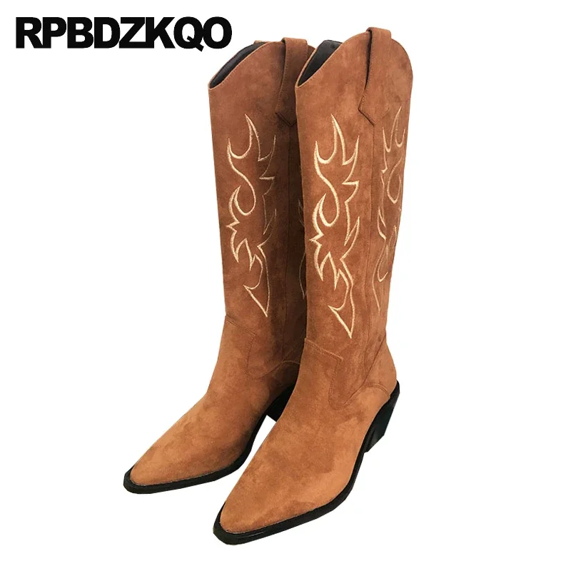 

Women Boots Brown Fur Chunky Tall Pointed Toe Shoes Pattern Long Cowgirl Suede Cowboy Knee High Embroided Slip On Western Heels