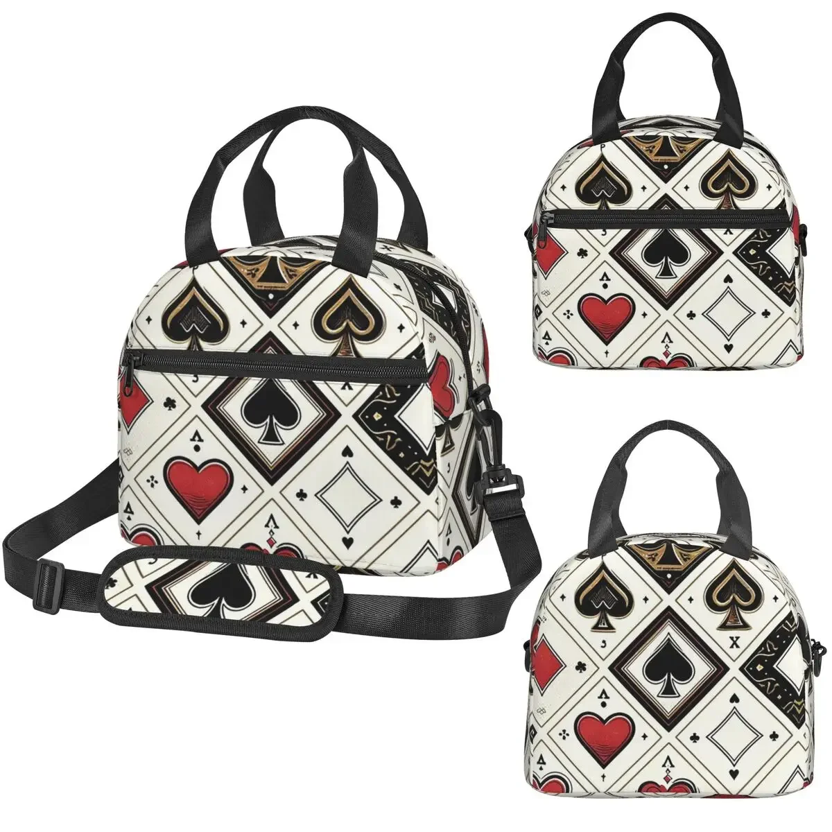 Casino Playing Card Symbols Diamond Heart Spade Clubs Insulated Lunch Bag for Women Children Food Boxes Thermal Lunch Box Tote