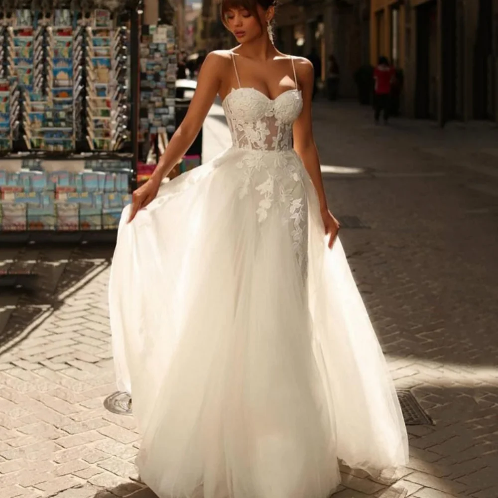 Vestidos de casamento modernos personalizados uma linha querida tule apliques vestido de noiva alças espaguete sem costas vestidos novia