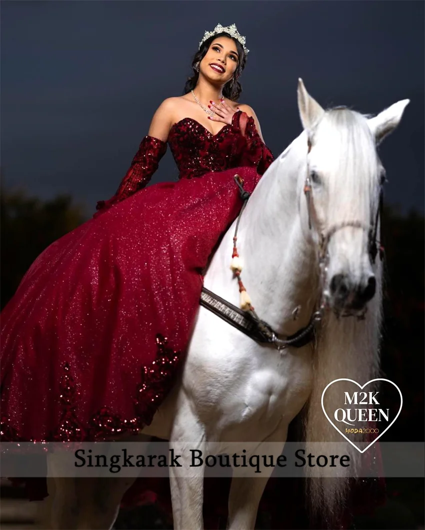 Shiny Burgundy Quinceanera Dresses With Bell Sleeves Ball Gown Sequins Appliques Beads Vestido De Festa Dresses