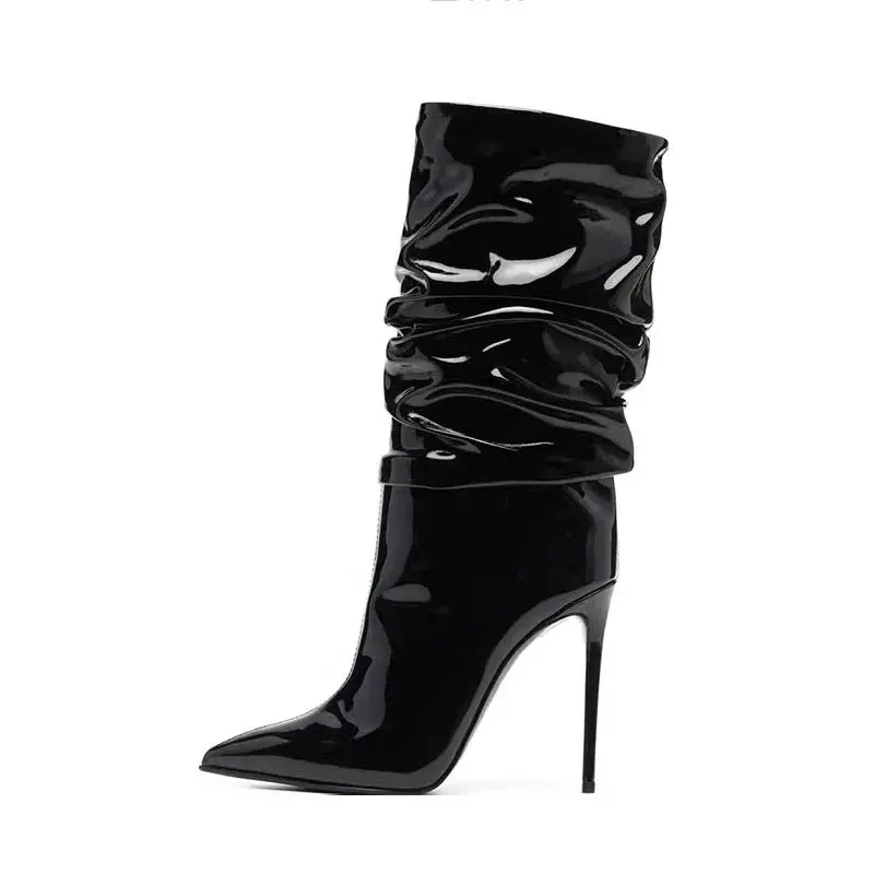 Arden Furtado 2024 Black cowhide Patent Leather Thin heels Middle boot Pointed toe Pleated Slip-on Super high heel Modern boots