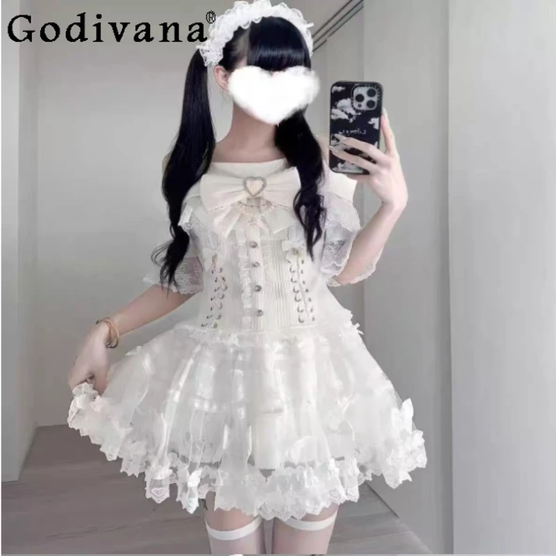 

Japanese Sweet Bow Off-the-shoulder Lolita Sweater Spring Autumn Girl Fashion Age-reducing Elegant Slash Neck Short Sleeve Top