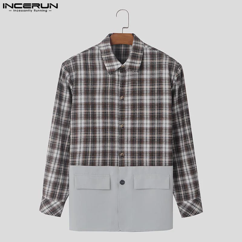 Fashion Casual Style Tops INCERUN New Men\'s Plaid Splicing Design Suit Coats Handsome Male Loose Long Sleeved Blazer S-5XL 2024