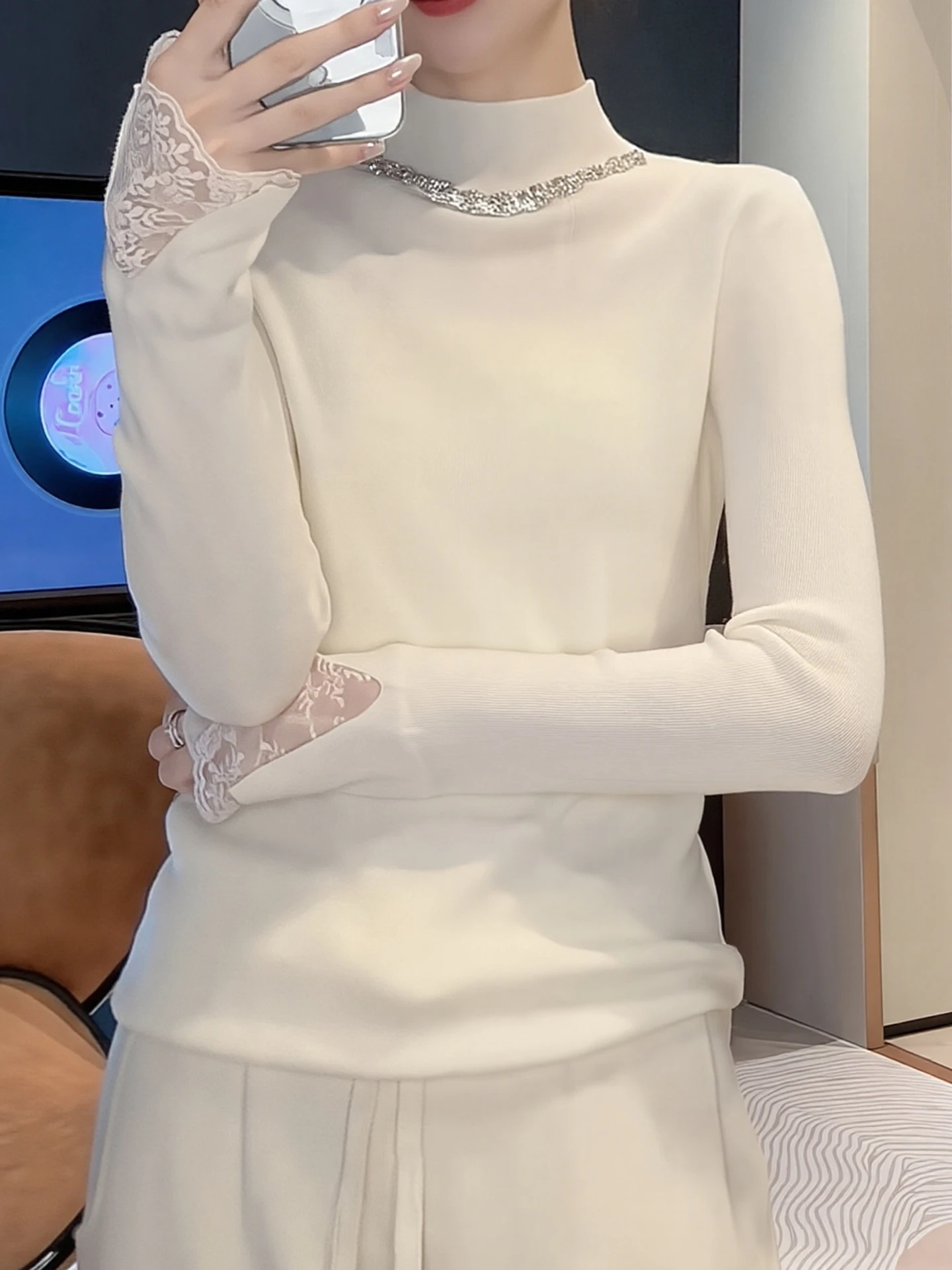 Lace Splice f High Collar Knitted Sweater Long Sve Faionable Winter Inner Wear Top Ele Women's Korean Sle Strai...