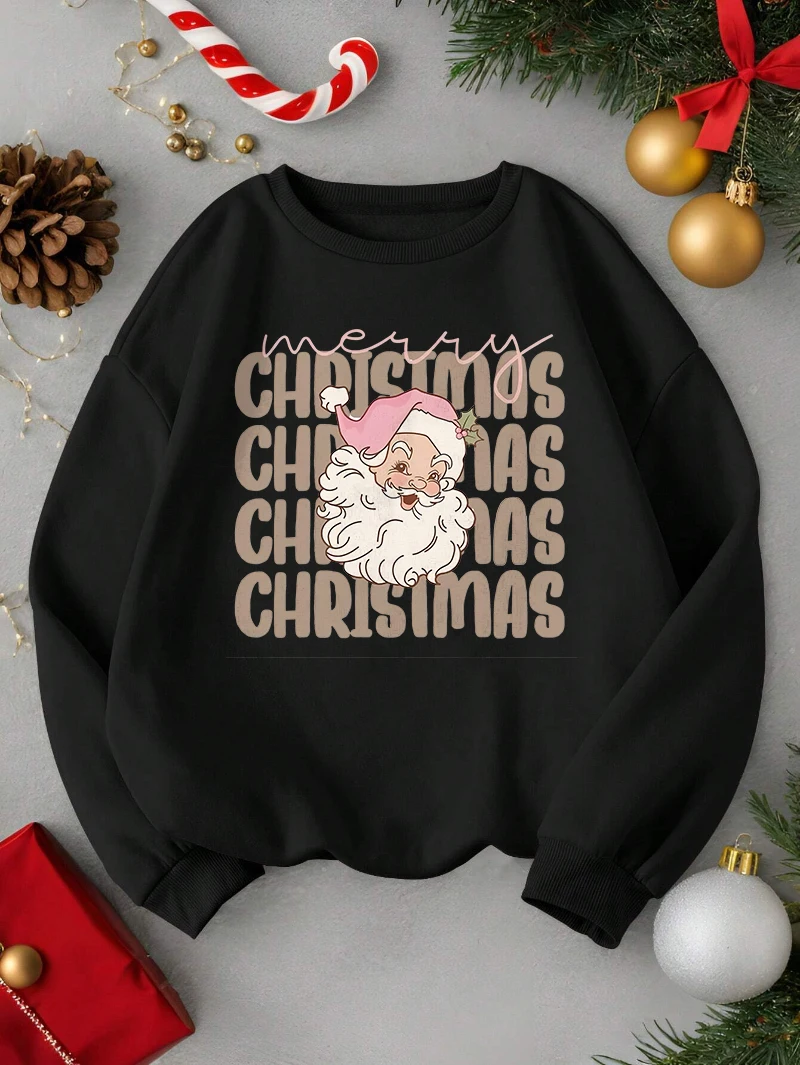 

Christmas Sweatshirt Women Pink Santa Claus Prints Black Hoodie Crewneck Loose Fleece Pullover Winter Casual Tops Woman Clothes