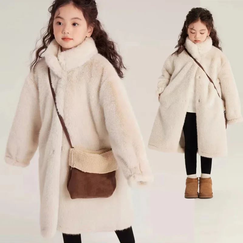 

Girls Fluffy Jackets Children Thicken Warm Long Outerwear Kids Winter Plush Fur Coats Children Teenager Turtleneck Clothing