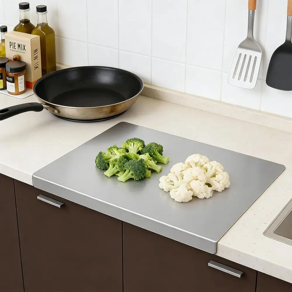Double-Sided 16x11 Inch Stainless Steel Cutting Board with Non-Slip Edge - Ideal for Meat, Fruits, Vegetables, and Bread