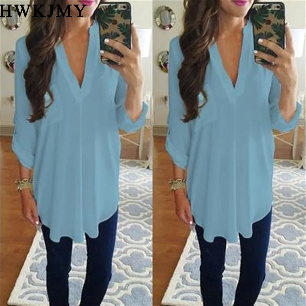 Women\'s Fashion Casual Chiffon Tops V-neck Solid Color Ladies Sexy Long Sleeve Shirt Loose Tops T Shirt Blouse