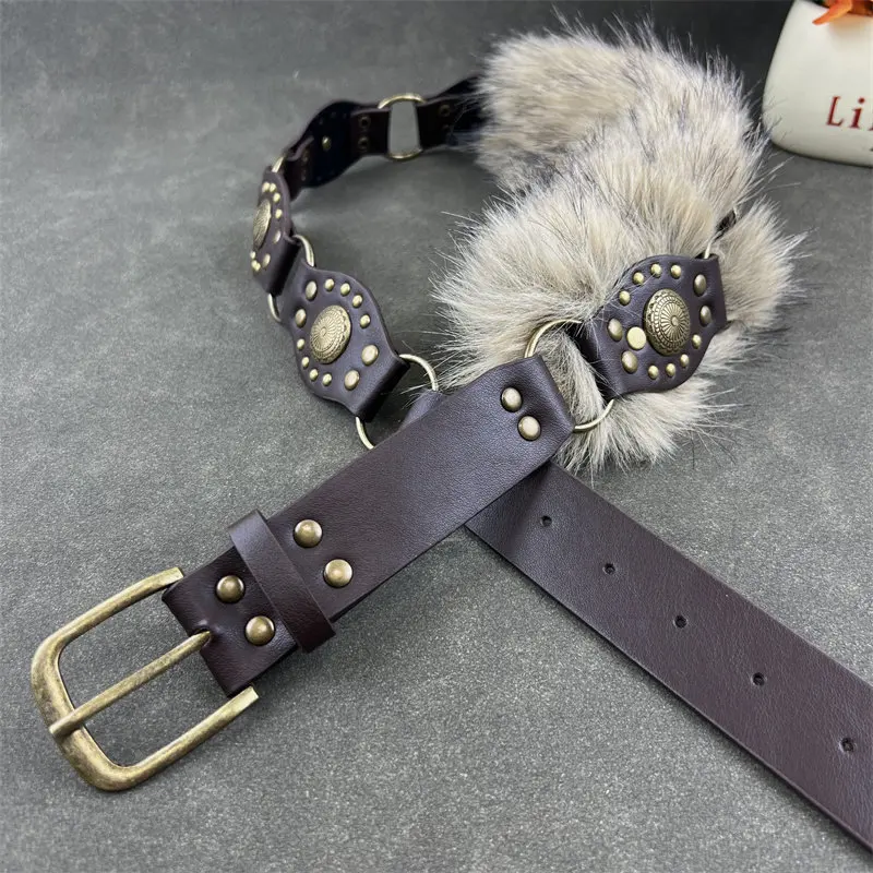 

Винтажный ремень Y2K с заклепками и шипами в американском стиле, из искусственной меховой кожи, регулируемый, для джинсов и платьев, Ceinture Femme