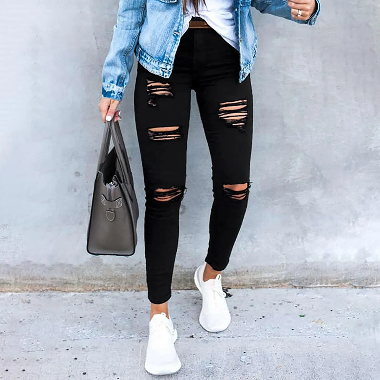 

Women's Black Elastic High Waisted Slimming Fit Hollow Out Ripped Jeans Pencil Pants Casual Fashion Denim Trousers For Female