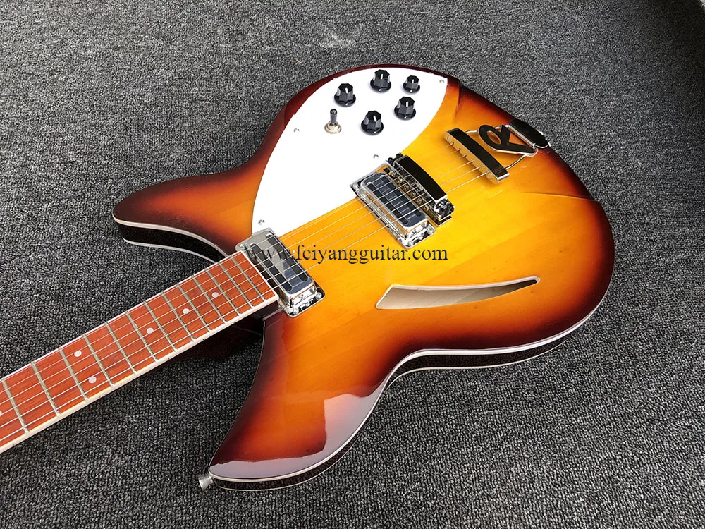 electric guitar with R shape Tailpiece bridge，honey burst color, 360 6strings,2-Piece Pickup,high quality,free shipping