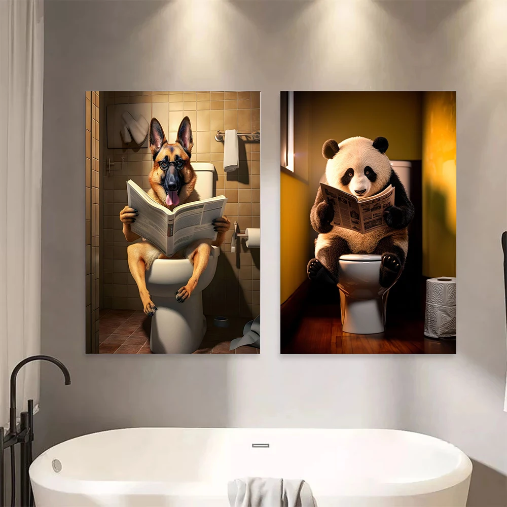 Interesting Toilet Animals Dog Reading Newspapers Panda Poster Canvas Paintings Wall Art Pictures Home Bathroom Decor