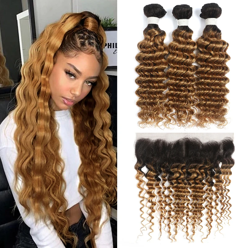 

Ombre Blonde Bundles With Frontal 13x4 SOKU Brazilian Deep Wave Hair Bundles With Lace Closure Remy Human Hair Weave Bundles