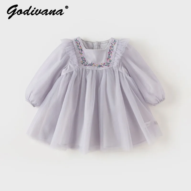 Cute Baby Girls Long Sleeve Dress 2026 Spring Fluffy Princess Dress Purple Chiffon Flower Embroidery Fashion Birthday Dresses