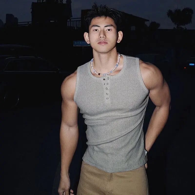 

Men's high quality koji old money style man feel coarse woven vest Henry collar sports vest