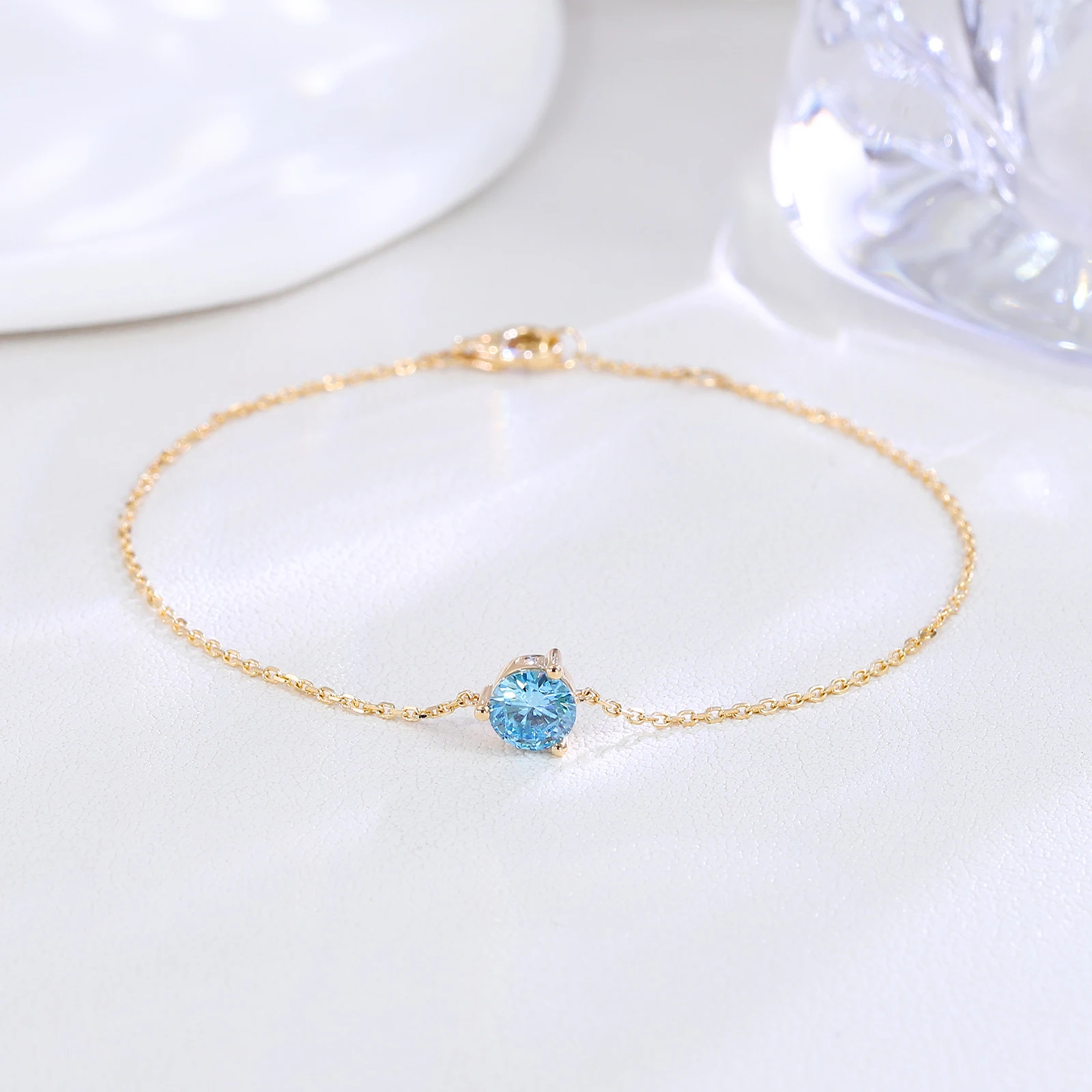 

Provence Minimal Single Stone Bracele Blue Lab gemstone 10K Solid Gold Chain Solitaire Bracelet for Women Everyday Valentine Day
