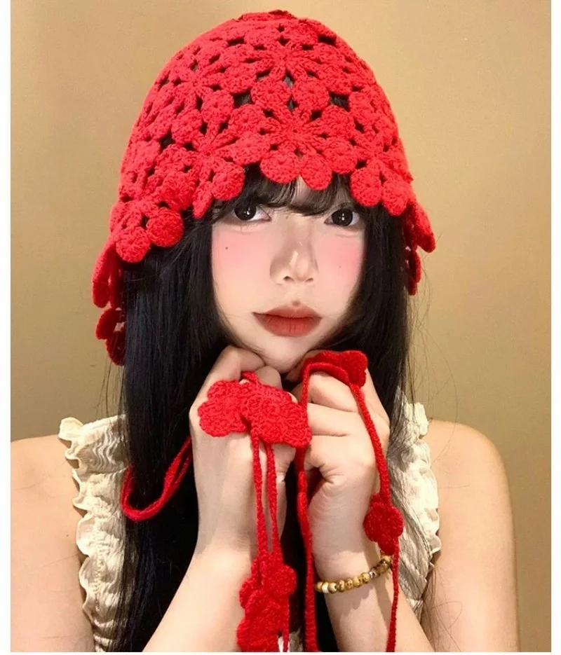 Japanese-Style Versatile Cute Breathable Hat for Women with Strap Knitted Bucket Hat, Single-Color Knit Fisherman Hat