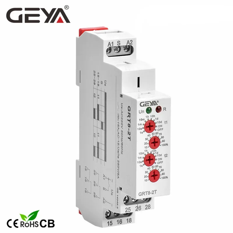 GEYA GRT8-2T Double Delay on Timer Relay AC230V OR AC/DC12V-240V DPDT Relay Din Rail Type Time Delay Relay