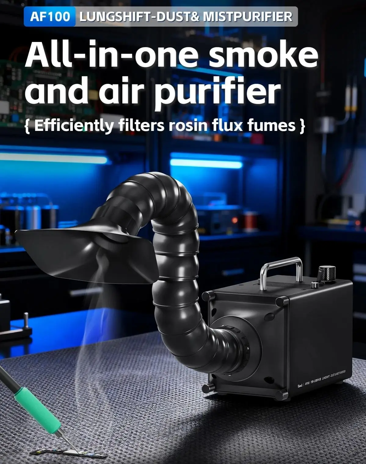 

Вытяжка для удаления дыма QianLi AF100 Lung Saver, 80 Вт, регулируемая мощность всасывания, трехслойный фильтр для дыма, автоматический режим, для очистки воздуха при пайке